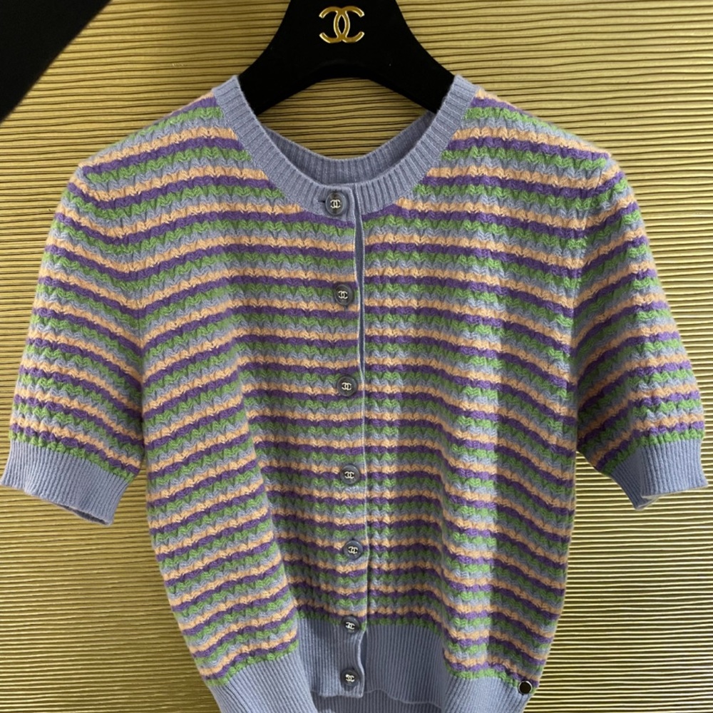 CHANEL 2024 striped cashmere knit short-sleeve cardigan size 38 usa 6